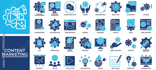Content Marketing icon set collection. Containing services, imagination, performance, report, writing, management, plan .Solid vector icons collection