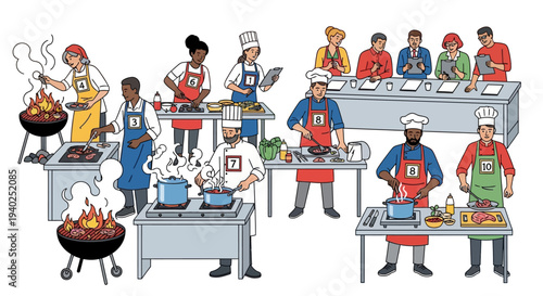 Diverse chefs cooking together in a commercial kitchen.