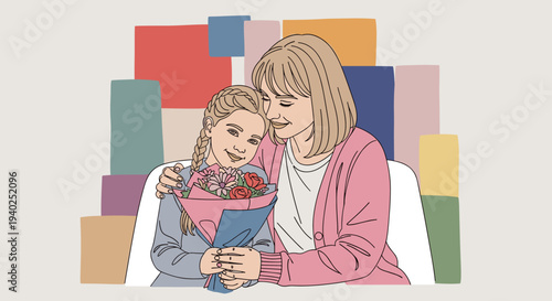 A mother and daughter sharing a joyful moment with a bouquet of flowers in colorful vector style, perfect for family-themed projects