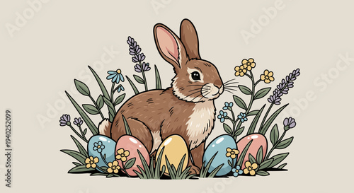 A cute rabbit sitting among flowers and colorful Easter eggs in a playful vintage vector style, perfect for spring celebrations