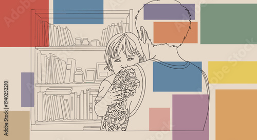 A parent holding a child with a whimsical outline style illustration, featuring a colorful bookshelf background, suitable for family-themed designs