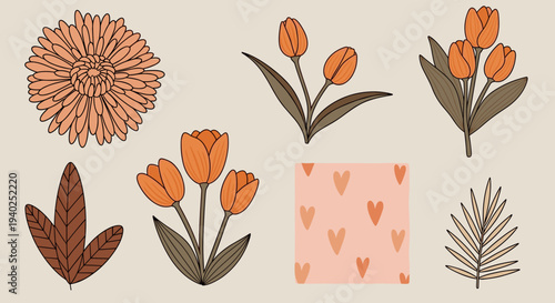A collection of stylized orange flowers and leaves with a hearts pattern in minimalist vector style, perfect for floral-themed designs
