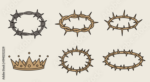 A collection of crowns and thorn circles in minimalist outline vector style, suitable for decorative design and branding