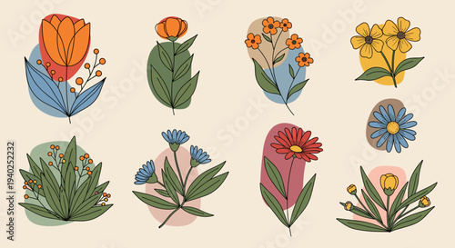 A set of colorful floral illustrations featuring various flowers and plants in modern vector style, ideal for home decor and branding