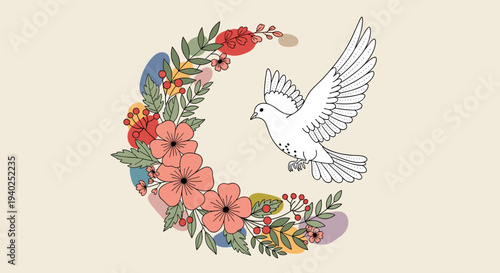 A dove flying among colorful flowers in a circular wreath in a hand-drawn vector style, suitable for greeting cards or spring designs