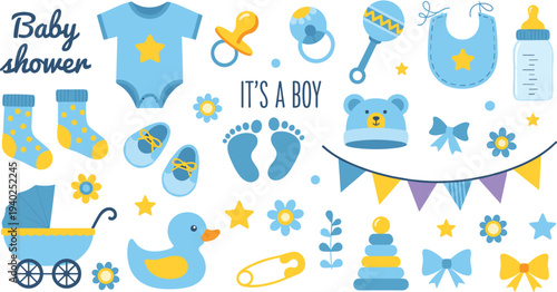 Blue Baby Shower Vector Illustration Set with Stroller Bodysuit Rubber Duck and Newborn Elements for Its a Boy Party Invitation Design