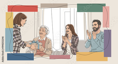 A joyful family gathering with a woman presenting a gift to an elderly person in a clean, modern vector style, perfect for celebrating family moments