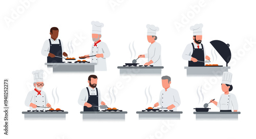 Cartoon chefs cooking on stoves in various poses and actions.