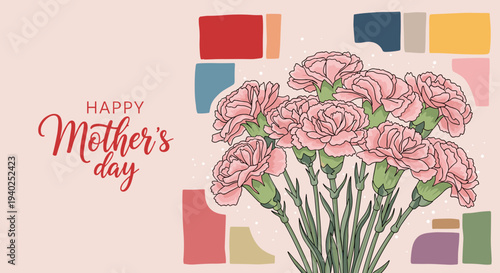 A bouquet of pink carnations with a Mother's Day greeting in colorful vector style, perfect for greeting cards and celebrations
