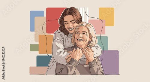 A heartwarming illustration of a young woman hugging an older woman in a colorful vector style, perfect for family and relationship themes