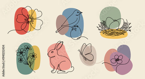 A collection of line art illustrations featuring a flower, a bird with eggs, a rabbit, a butterfly, and a nest in colorful minimalist style, perfect for spring-themed designs