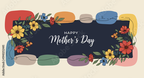 A vibrant and colorful Mother's Day greeting card design featuring floral elements and a stylish layout in modern vector style, perfect for celebrations and gifts