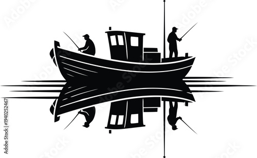 Fishing Boat Sailing Fast on Water with Men