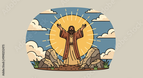 A depiction of Jesus standing on rocks with arms raised, surrounded by sunlight and clouds in a colorful vector style, ideal for religious themes and inspirational projects