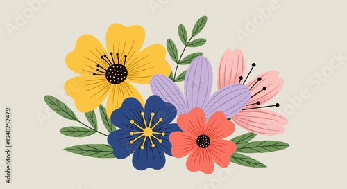 A vibrant arrangement of colorful flowers including daisies and lilies in modern vector style, perfect for spring-themed designs