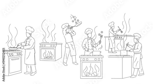 Line art illustration of chefs cooking in a commercial kitchen.
