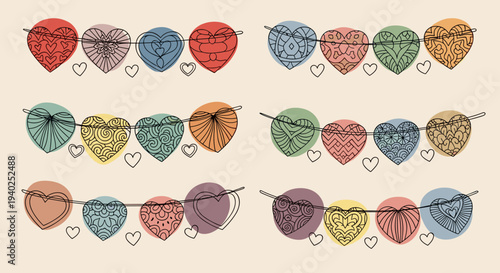 A colorful set of hand-drawn heart garlands in whimsical vector style, perfect for Valentine’s Day decorations and crafts