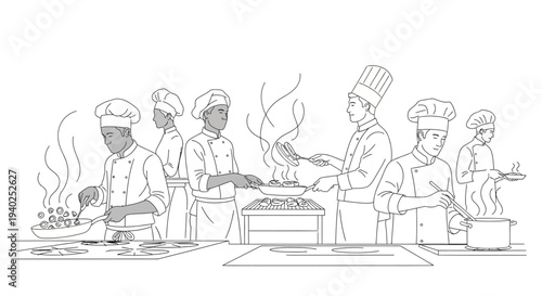 Group of chefs cooking in a commercial kitchen.
