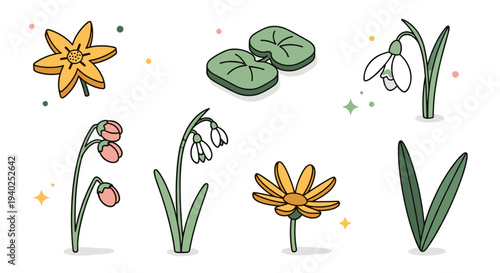 A collection of hand-drawn flowers including daisies and snowdrops in a colorful and playful vector style, perfect for spring-themed designs