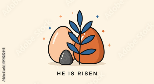 A set of colorful rocks and a leafy branch with the text 'He is risen' in a modern flat vector style, perfect for Easter celebrations.