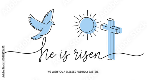 A dove, cross, and sun illustration with the text 'He is risen' in minimalist vector style, suitable for Easter greeting cards