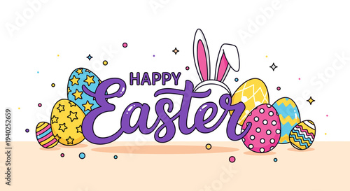 A festive Happy Easter illustration featuring colorful eggs and a cute bunny in flat design style, perfect for greeting cards and decorations