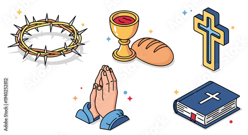A collection of religious symbols including a cross, Bible, chalice, bread, and praying hands in colorful vector style, ideal for faith-related designs