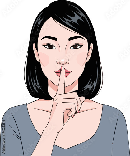 Isolated a realistic Asian woman with finger on mouth, vector art with white background..