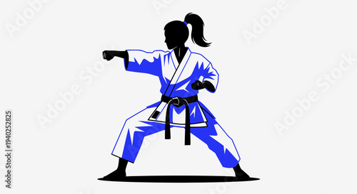 Karate Martial Arts Woman Silhouette – Fighter Action Pose Vector Illustration