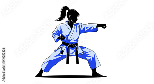 Karate Martial Arts Woman Silhouette – Fighter Action Pose Vector Illustration