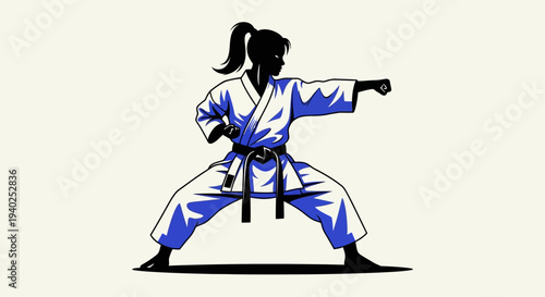 Karate Martial Arts Woman Silhouette – Fighter Action Pose Vector Illustration