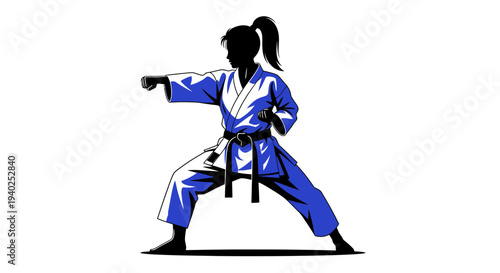 Karate Martial Arts Woman Silhouette – Fighter Action Pose Vector Illustration