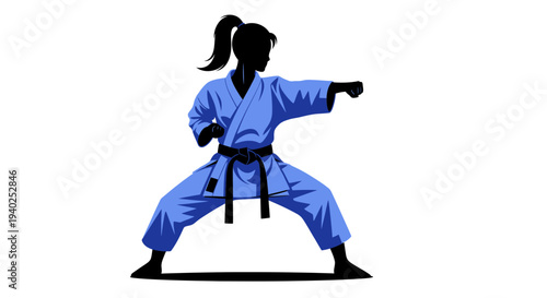 Karate Martial Arts Woman Silhouette – Fighter Action Pose Vector Illustration
