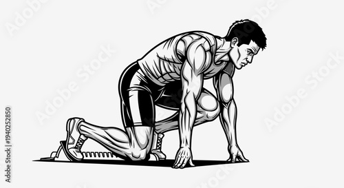 Sprinter Start Position Muscle Anatomy Illustration Athlete Ready to Run Sprint Vector Style