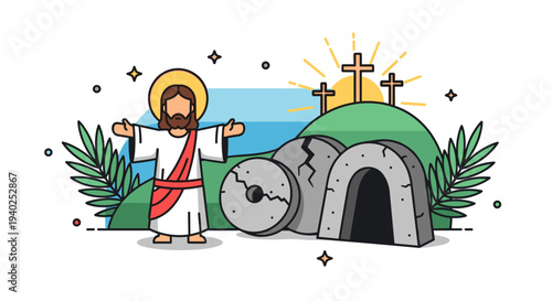 A depiction of Jesus resurrected from the tomb in a colorful minimalist vector style, ideal for Easter celebrations and religious themes