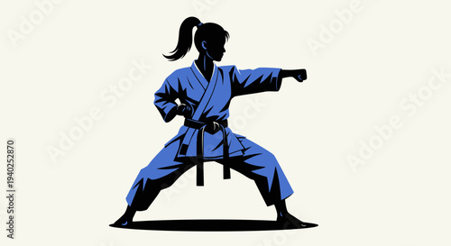 Karate Martial Arts Woman Silhouette – Fighter Action Pose Vector Illustration