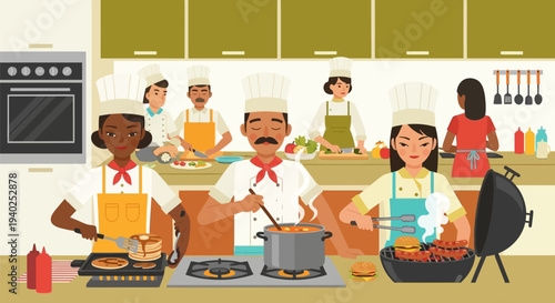 Diverse group of people cooking together in a kitchen.