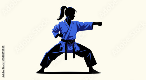 Karate Martial Arts Woman Silhouette – Fighter Action Pose Vector Illustration