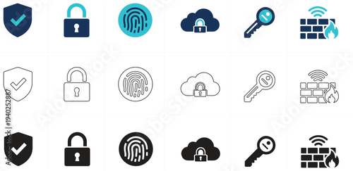 Information technology security vector icons in flat, outline, and solid glyph styles.