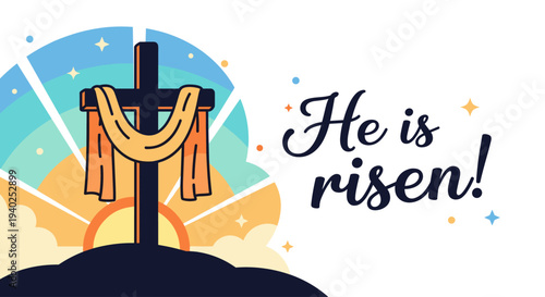 A cross on a hill with a sunrise background in colorful vector style, featuring the text 'He is risen!' suitable for Easter celebrations