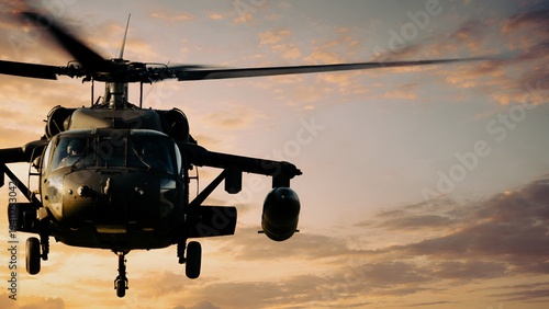 Military helicopter flying at sunset with rotor in motion against dramatic sky, aerial patrol aircraft and aviation defense concept.