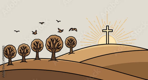 A serene landscape featuring trees, birds, and a cross against a sunrise in minimalist vector style, perfect for religious themes and inspirational designs