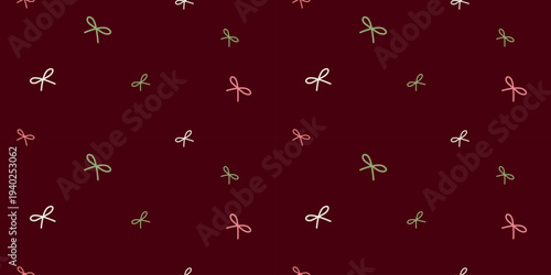 Seamless pattern with cute little bows on dark red background