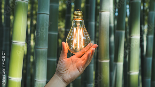 A persons hand gently cradling a glowing vintage Edison light bulb amidst a vibrant sunlit bamboo forest symbolizing sustainable energy and bright environmental innovation