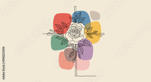 A rose with leaves integrated into a cross in minimalist outline vector style, ideal for religious and spiritual designs