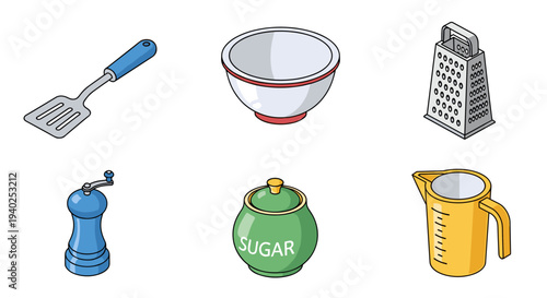 A collection of kitchen utensils including a spatula, bowl, grater, and measuring cup in colorful flat vector style, perfect for culinary design projects