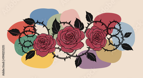 A collection of three roses intertwined with thorns on a colorful abstract background in modern vector style, perfect for floral design projects