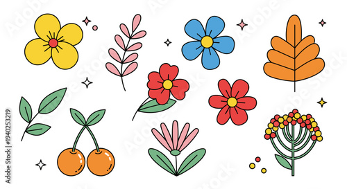 A collection of colorful flowers, leaves, and cherries in a playful outline vector style, perfect for botanical designs and creative projects