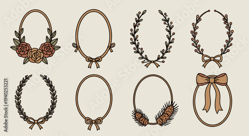 A collection of decorative floral wreaths and bows in hand-drawn vector style, perfect for invitations and crafts