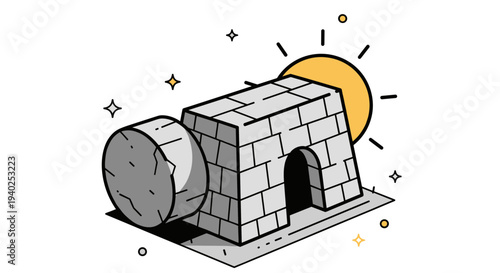 A stone archway structure with a circular stone in flat geometric vector style, suitable for travel and architecture themes